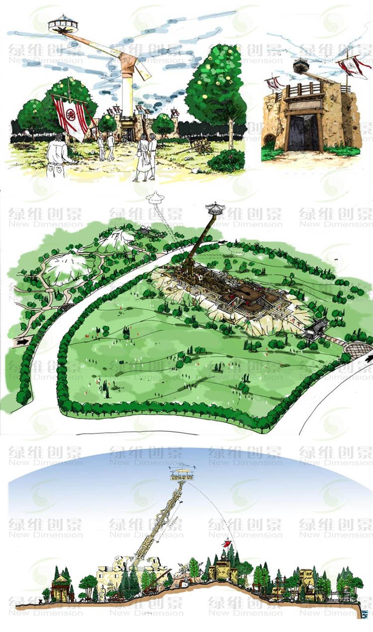空中看淹城前期方案手绘效果图